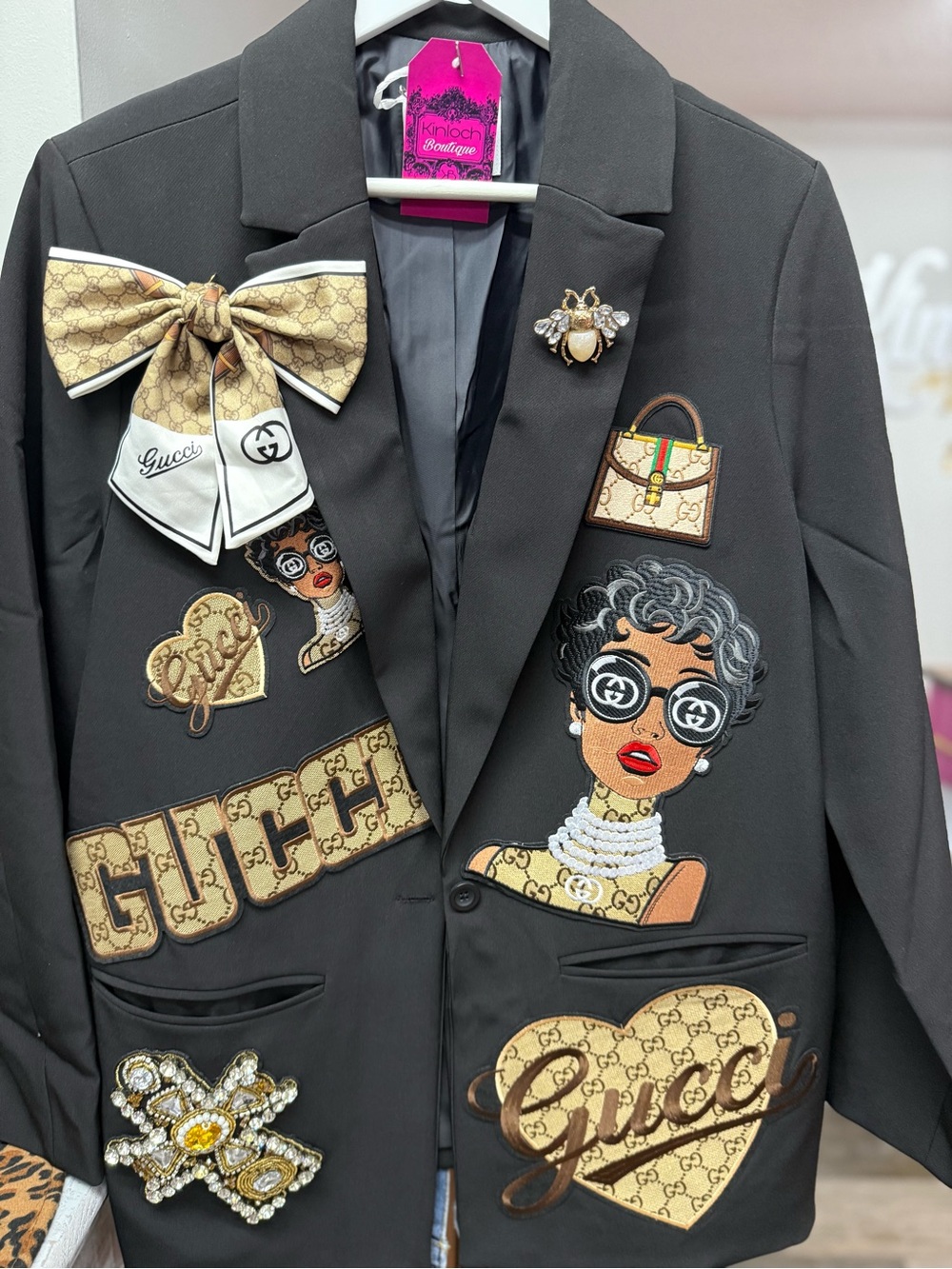 New Black Embellished Women's Blazer with Beige Logo Appliqués